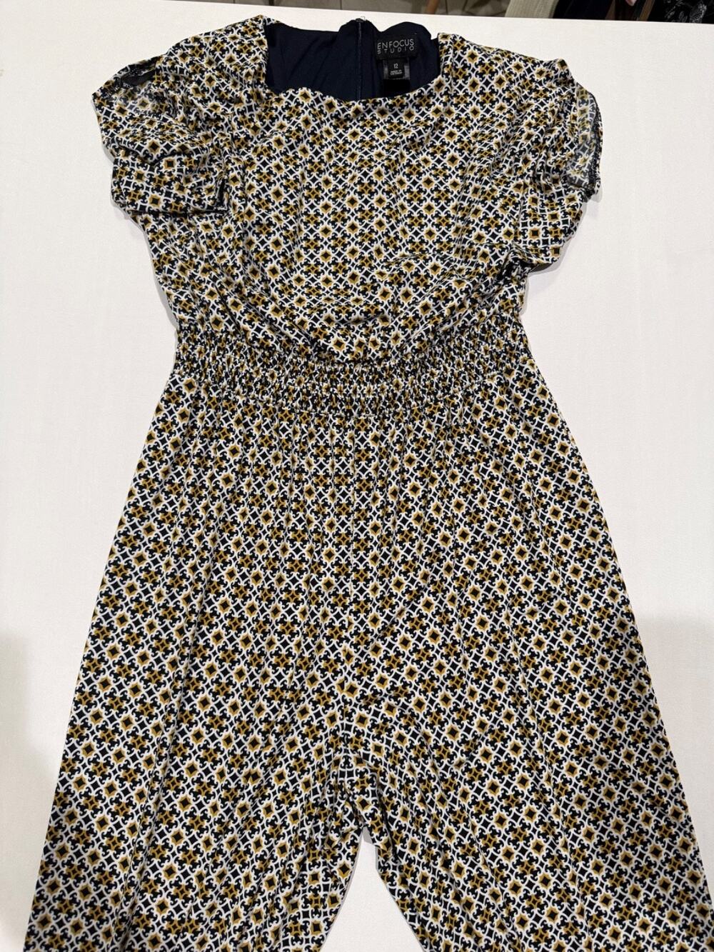 Enfocus Studio Jumpsuit Womens 12 Wide Leg Geometric Print Smocked Waist